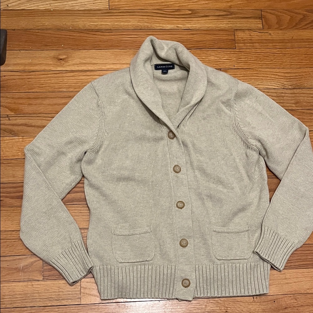 Lands End Cardigan Grandpa Fisherman Sweater Cream Medium 10-12 - Picture 2 of 6